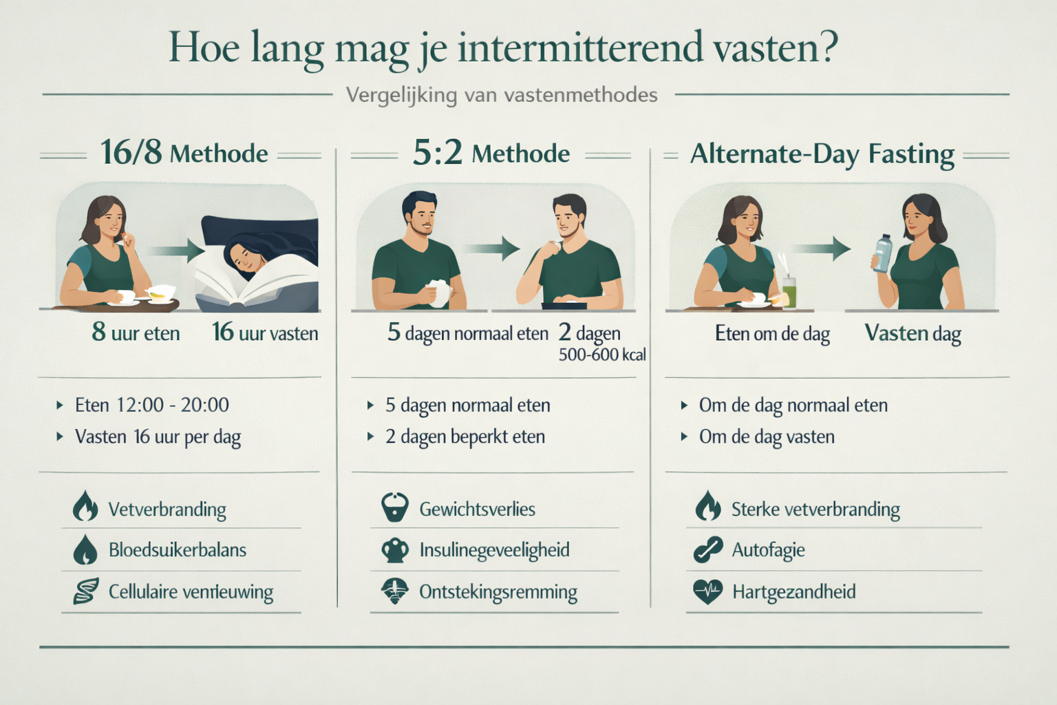 Detailed methodology comparison chart for 'Hoe lang mag je intermitterend vasten' displaying 16/8, 5:2, and alternate-day fasting protocols,