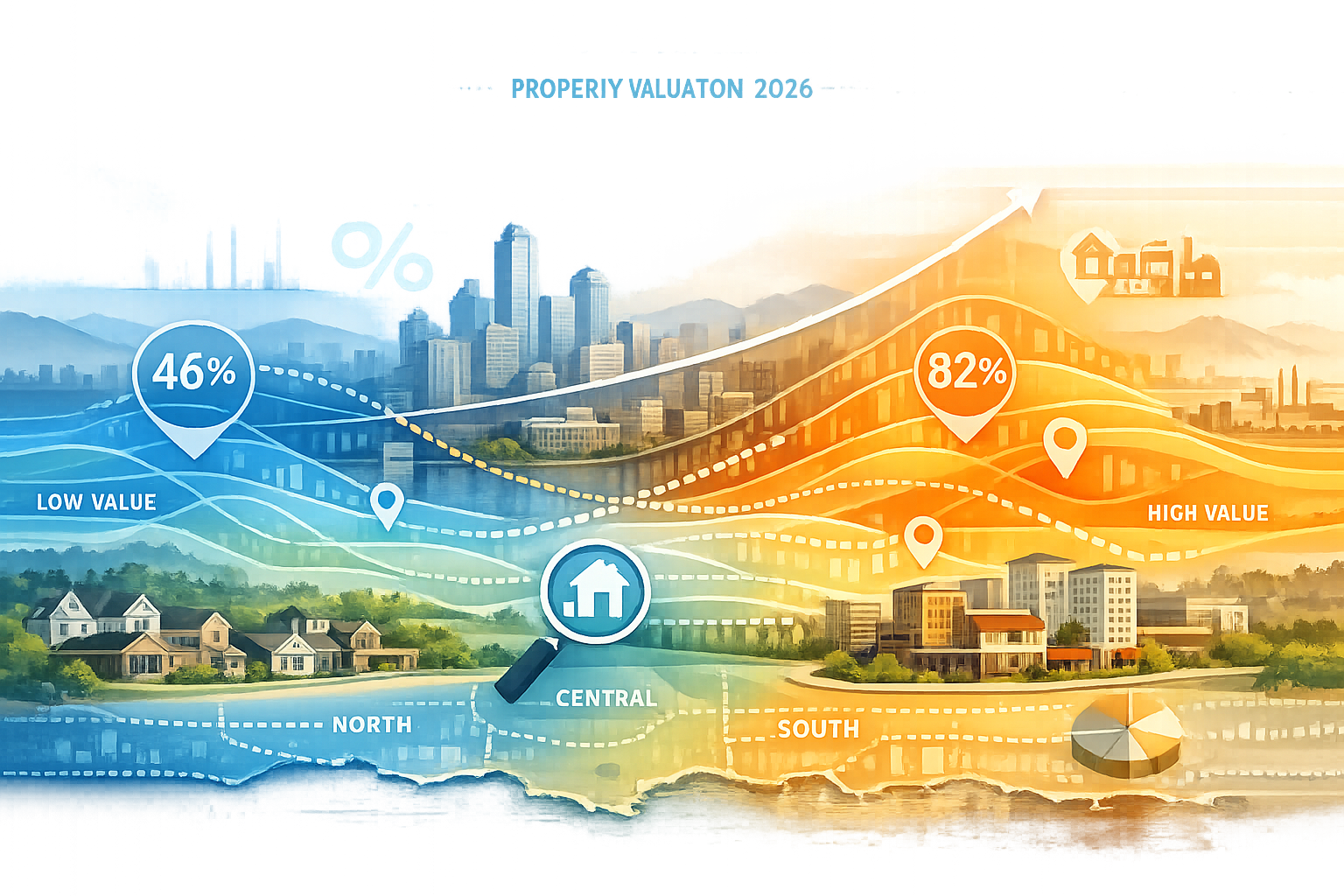 Contextual market landscape illustration depicting 2026 property valuation environment. Panoramic urban-suburban scene with