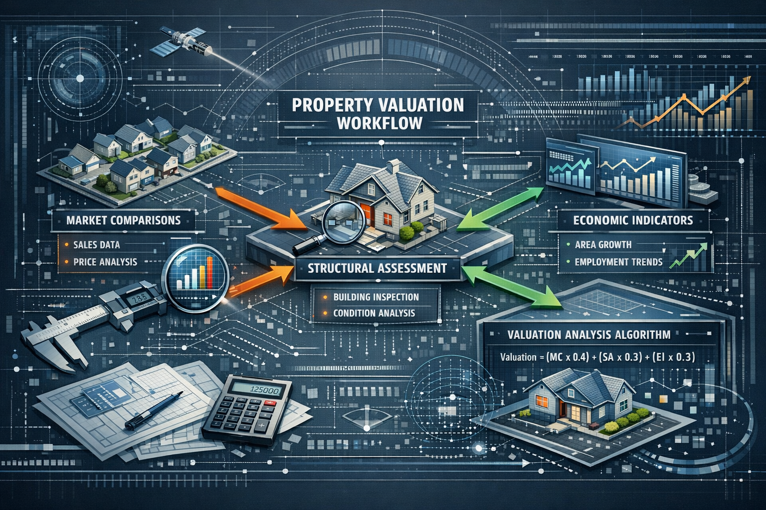 Technical surveyor methodology visualization showing property valuation workflow, featuring isometric diagram of property