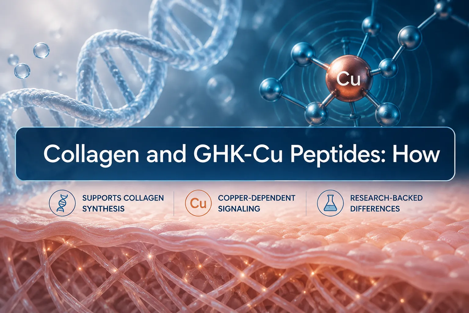 Professional landscape hero image () with a reading "Collagen and GHK-Cu Peptides: How". CRITICAL TYPOGRAPHY RULES: render