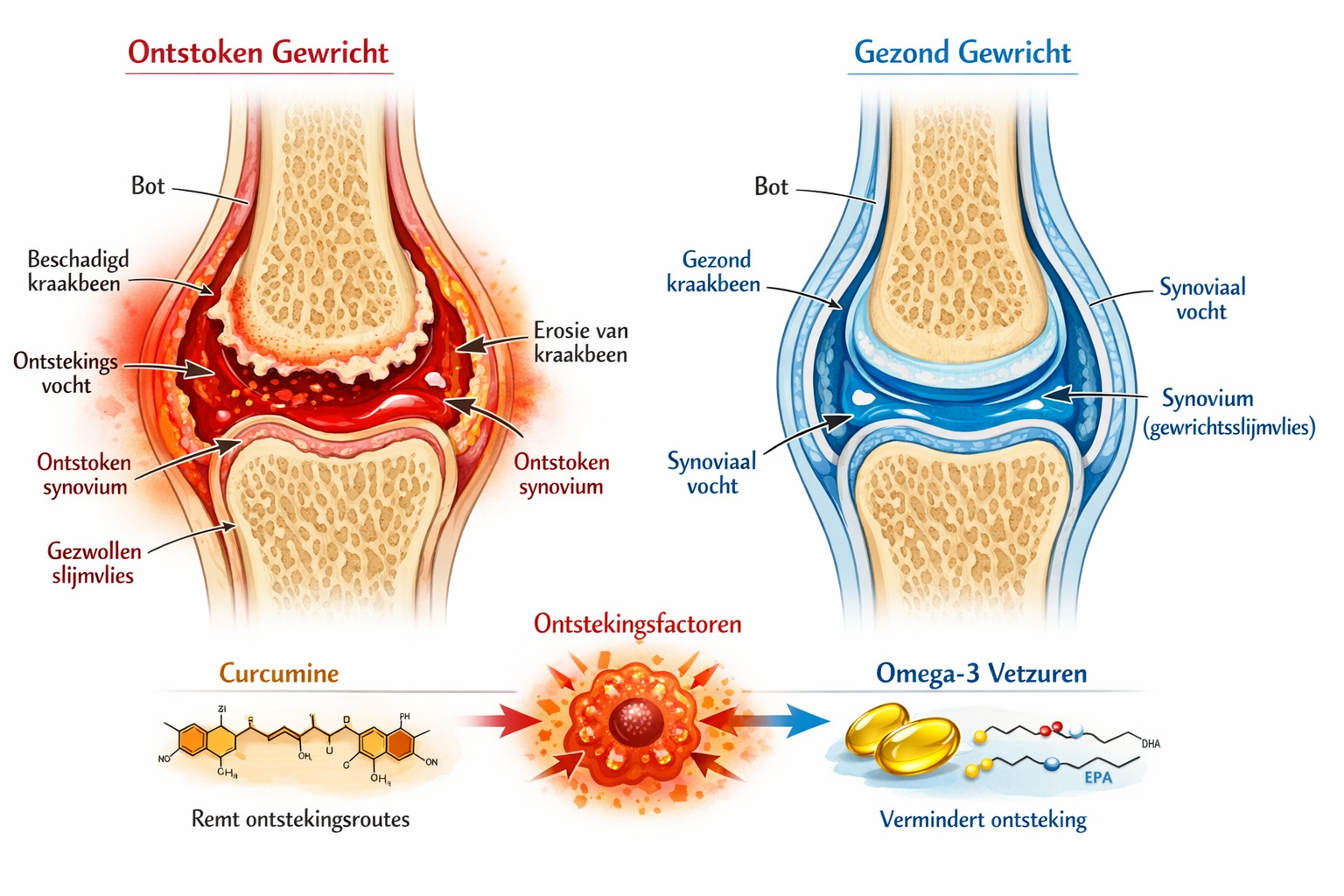 Detailed medical illustration showing inflamed joint cross-section with red inflammation markers on left side versus healthy joint on right
