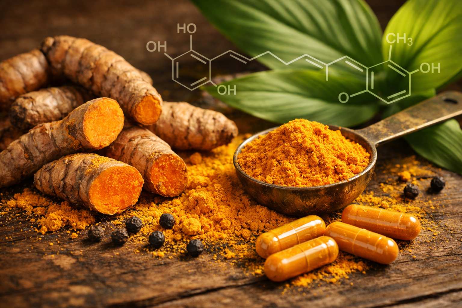 Close-up product photography showing golden turmeric roots with vibrant orange-yellow powder scattered artistically, alongside curcumin supp