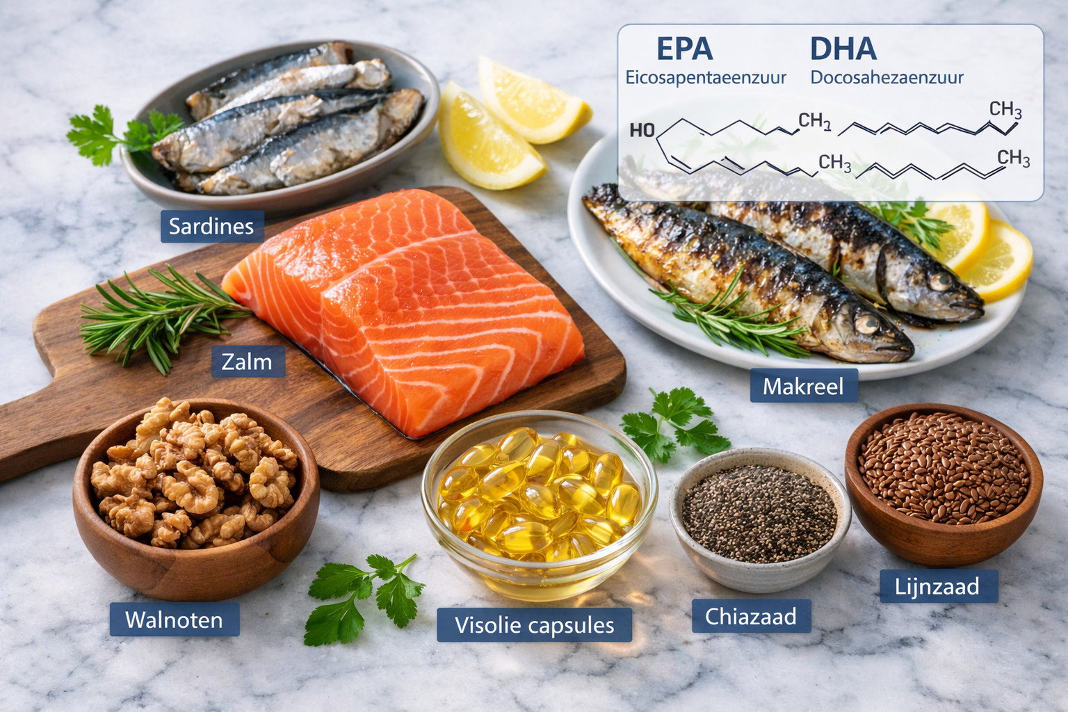 High-quality lifestyle photograph showing variety of omega-3 rich foods arranged on marble surface: fresh salmon fillet with visible omega-3