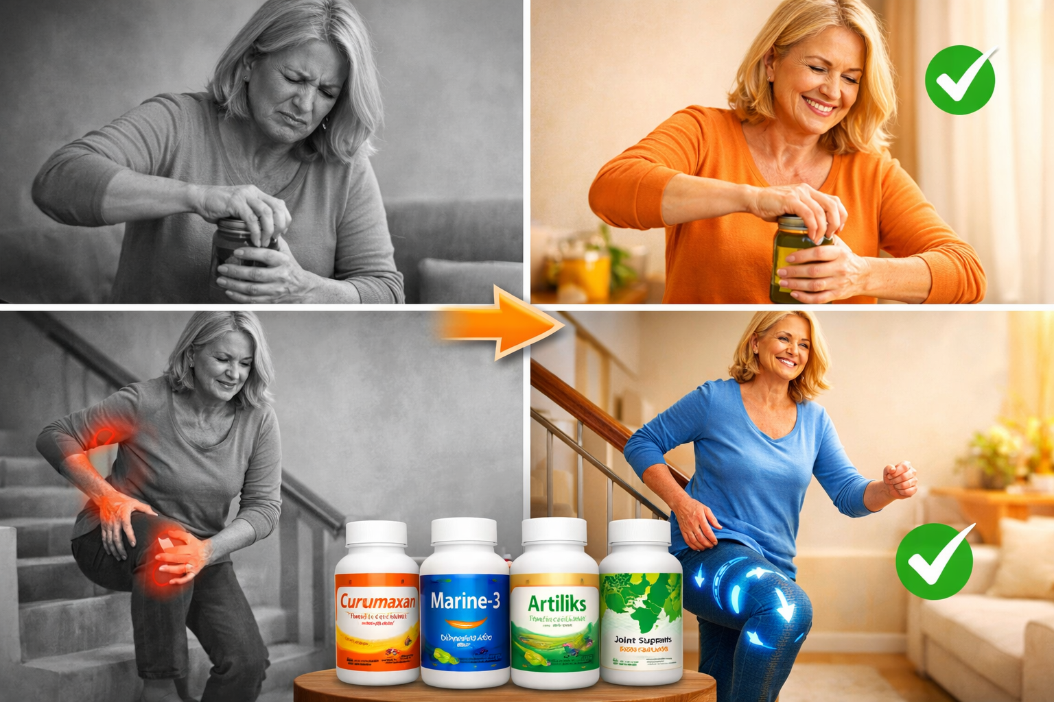 Split-screen comparison image showing person with stiff joints struggling with daily activities (opening jar, climbing stairs) on left in mu