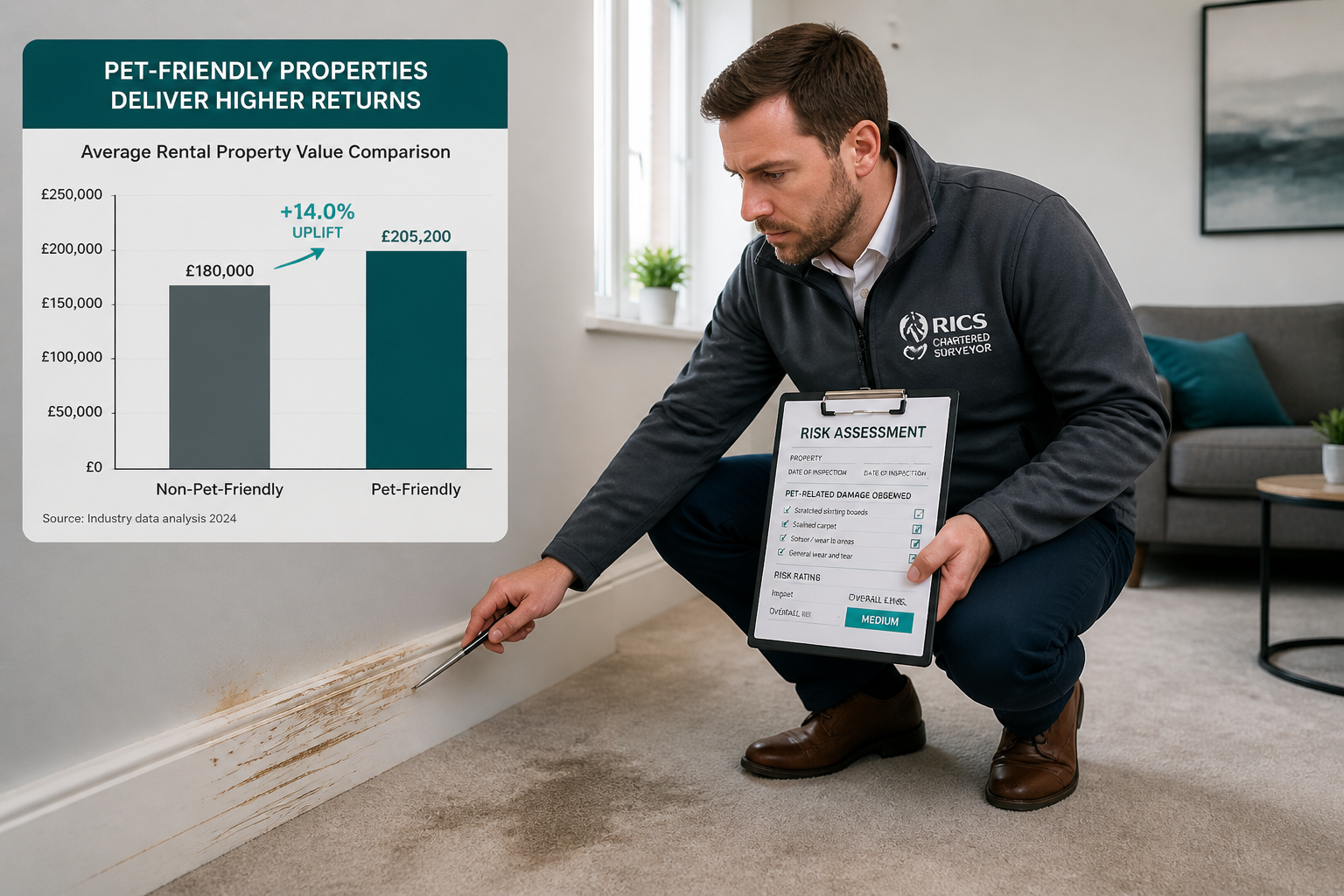 Wide-angle editorial photograph of a professional RICS chartered surveyor standing in a rental property living room,