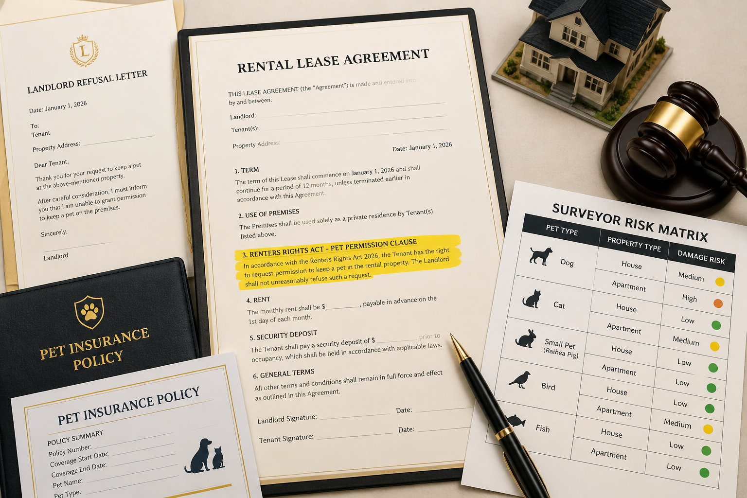 Overhead flat-lay composition showing a formal rental lease agreement document dated 2026 with 'Renters Rights Act - Pet