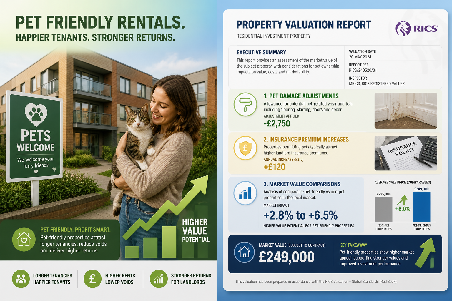 Split-panel infographic-style editorial image: left panel shows a modern UK rental flat exterior with a 'Pets Welcome' sign