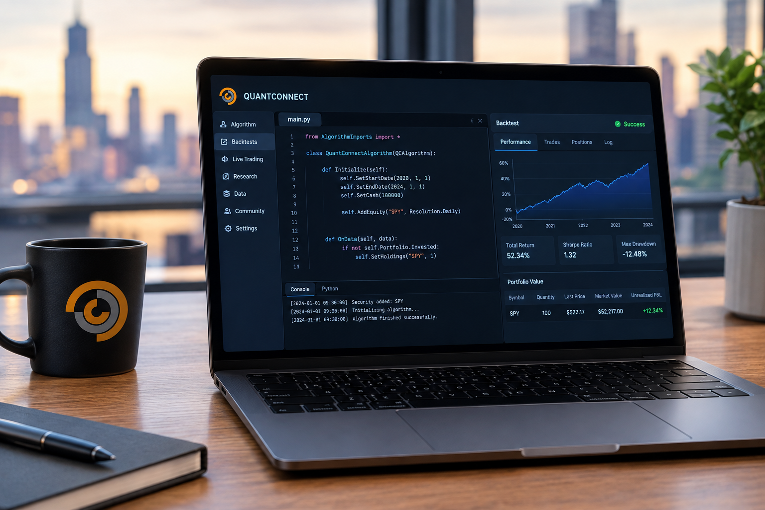 Professional product photography of QuantConnect showing its interface and key features. No text overlays or headlines on