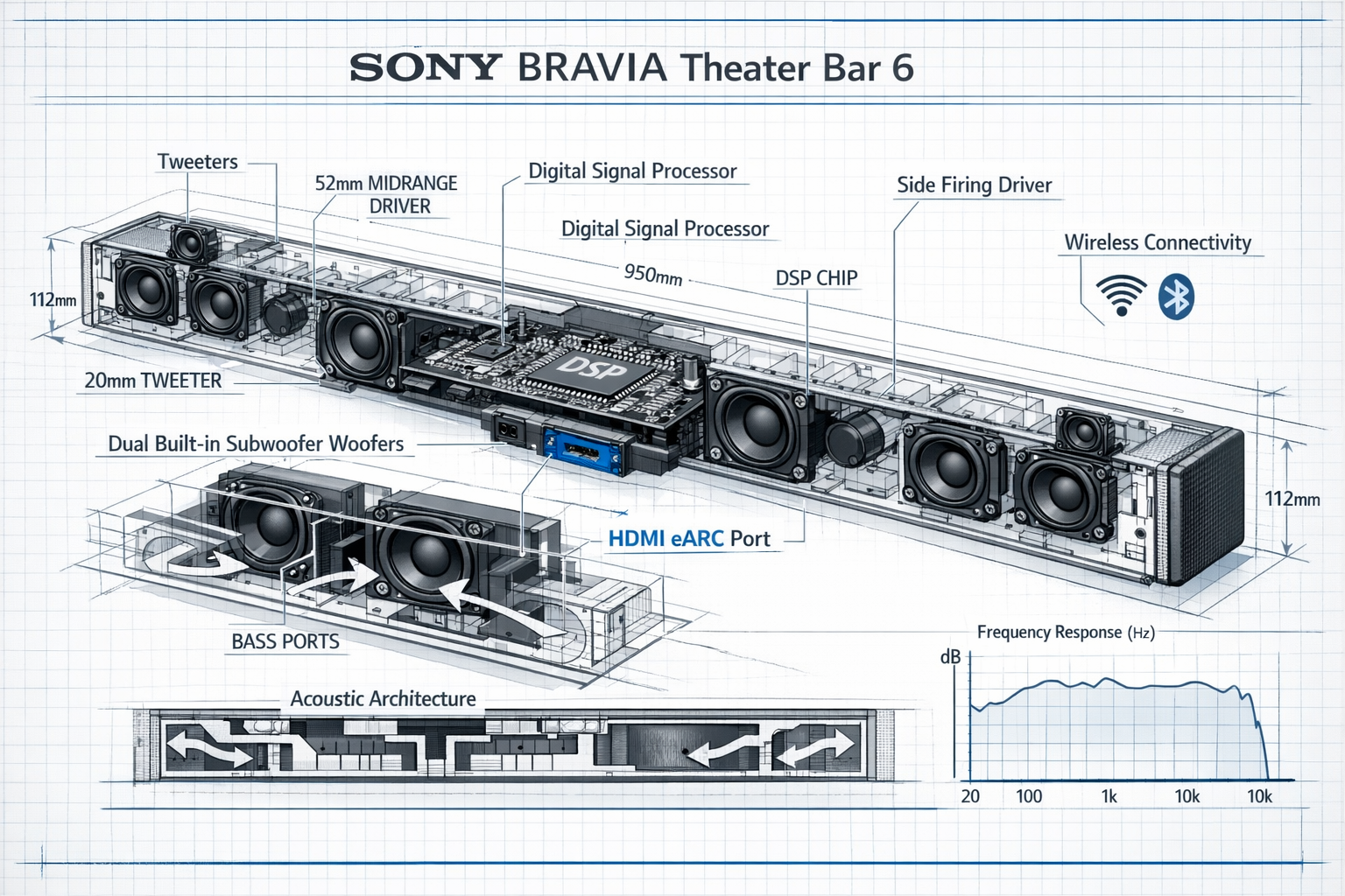 Sony Bravia Theater Bar 6 Detailed landscape format (1536x1024) technical illustration showing Sony Bravia Theater Bar 6 soundbar in exploded view with labeled components including individual speaker drivers, built-in subwoofer woofers, digital signal processor chip, HDMI eARC port highlighted in blue, wireless connectivity symbols, and acoustic architecture cross-section. Clean white background with technical blueprint aesthetic, professional product diagram style with measurement callouts, frequency response graph overlay in corner, and Sony branding. Modern tech visualization with precise line work and component annotations demonstrating internal audio technology and connectivity options.