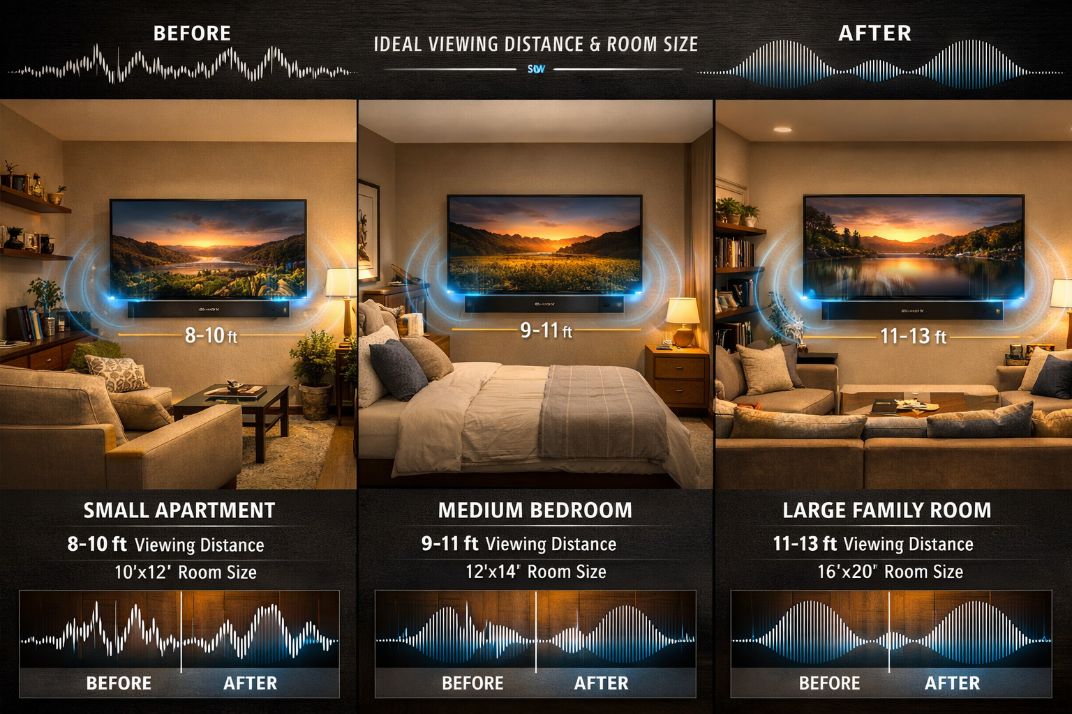 Sony Bravia Theater Bar 6 Detailed landscape format (1536x1024) lifestyle scene showing Sony Bravia Theater Bar 6 installed in three different room configurations as split-screen comparison: small apartment living room on left, medium bedroom setup in center, large family room on right. Each scene shows the soundbar mounted below TV with subtle blue LED indicators, furniture placement optimized for audio, and acoustic wave visualization graphics emanating from speakers. Warm residential lighting, real-world home environments, before-and-after audio quality comparison overlay with sound wave graphics, and measurement annotations showing ideal viewing distances and room dimensions for optimal performance.