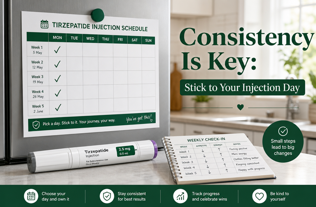 a weekly tirzepatide injection schedule calendar pinned to a refrigerator