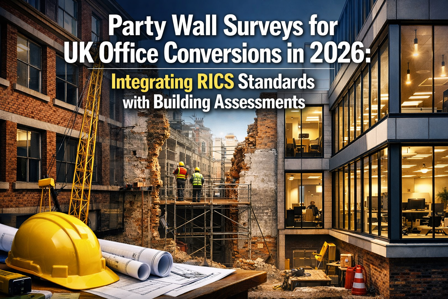 Professional landscape hero image (1536x1024) with bold text overlay: "Party Wall Surveys for UK Office Conversions in 2026: Integrating RIC