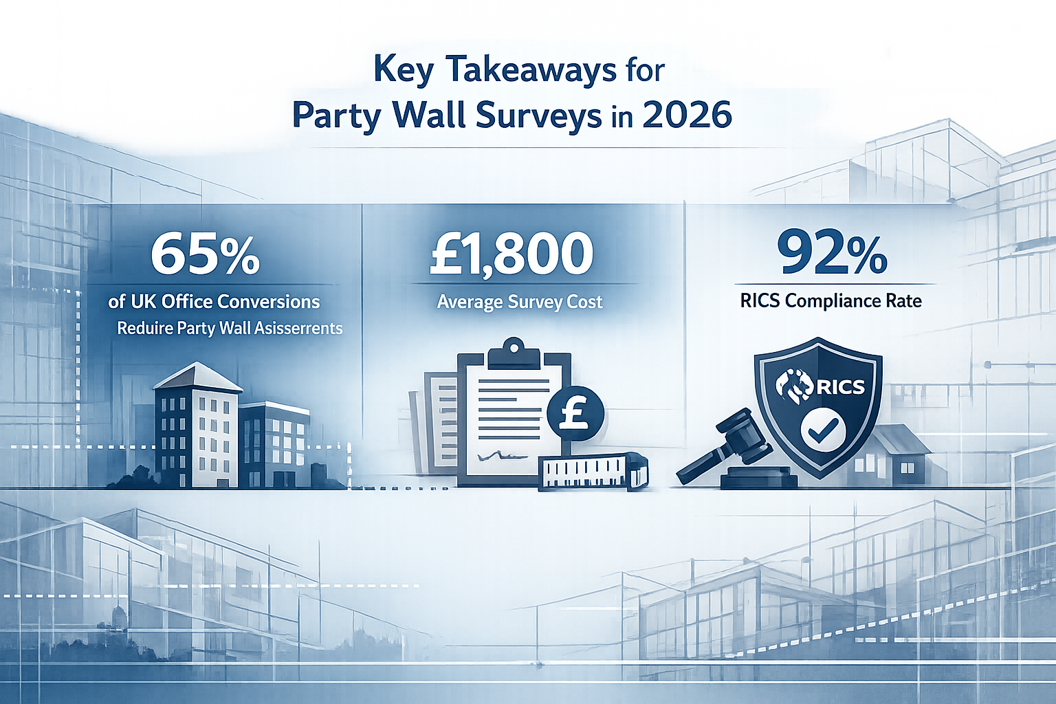 Infographic-style summary visualization representing 'Key Takeaways' for Party Wall Surveys in 2026, featuring a modern architectural bluepr