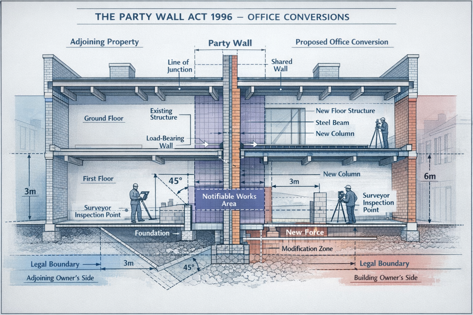 Technical architectural illustration depicting the Party Wall Act 1996 context for office conversions, showing cutaway view of adjacent comm