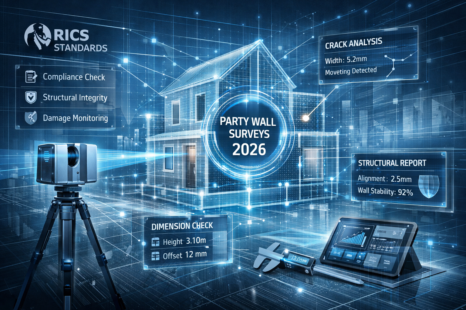 Conceptual integration diagram illustrating RICS Standards merging with building assessment technologies for 2026 party wall surveys. Create