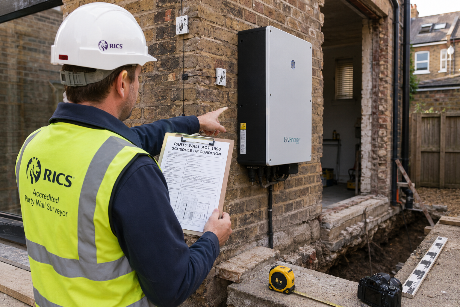 Wide-angle editorial photograph () showing a RICS-accredited party wall surveyor in a high-visibility vest and hard hat