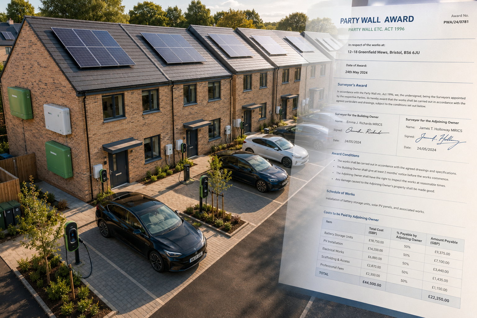 Aerial perspective editorial image () of a row of modern terraced UK homes with multiple EV charging points installed in