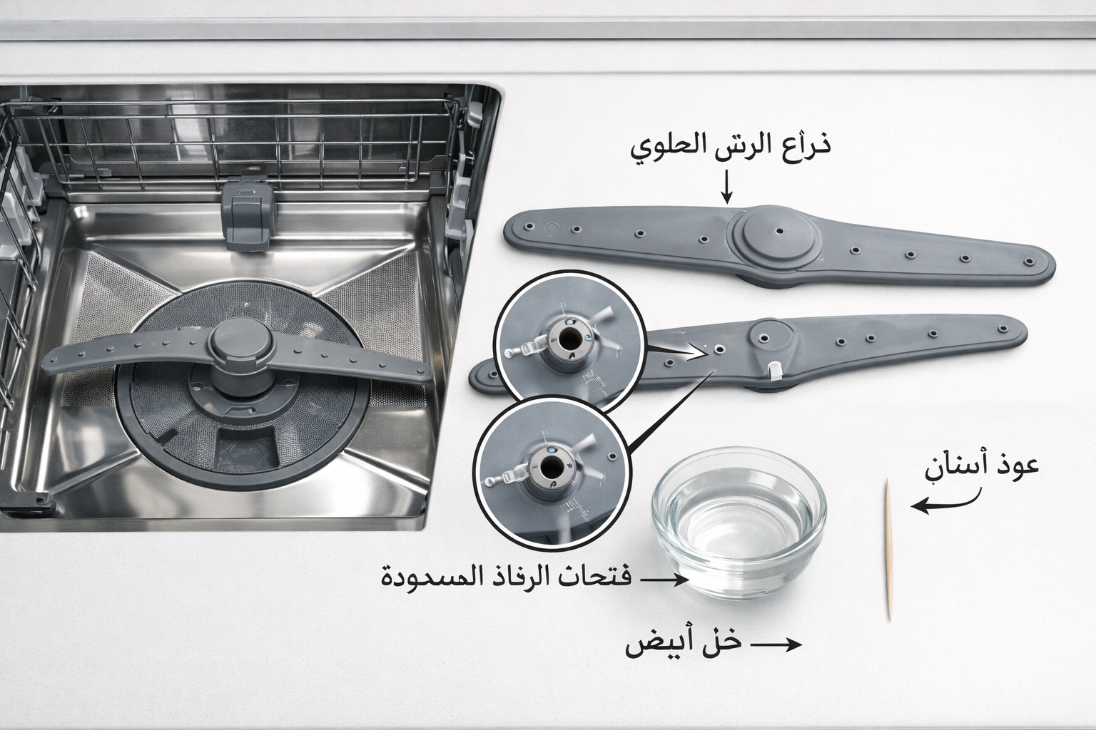 صيانة غسالات الصحون Bosch Series 8: إصلاح مشاكل الرذاذ الذكي والتجفيف بالحرارة في الموديلات الجديدة 1 () detailed technical illustration showing a close-up top-down view of a Bosch Series 8 dishwasher interior with spray arms