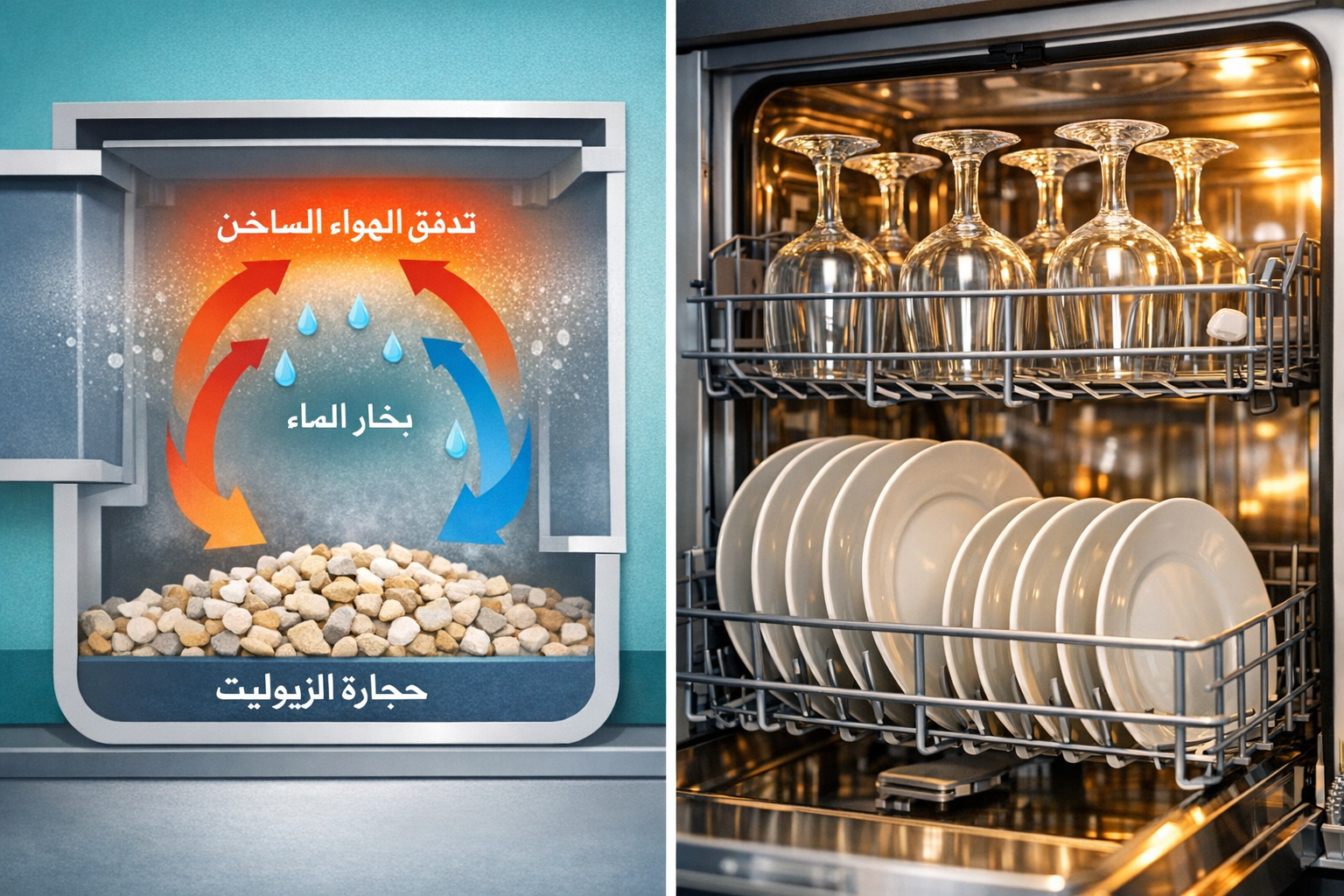 صيانة غسالات الصحون Bosch Series 8: إصلاح مشاكل الرذاذ الذكي والتجفيف بالحرارة في الموديلات الجديدة 2 () split-composition image: left half shows a cross-section diagram of Bosch Zeolith drying technology with Arabic labels