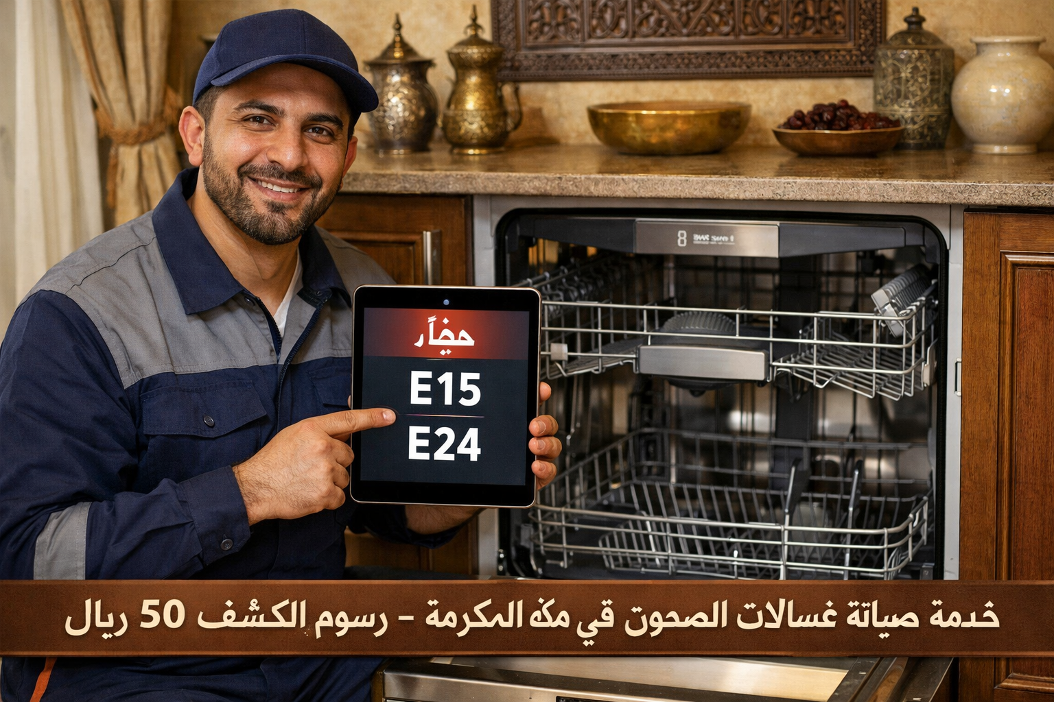 صيانة غسالات الصحون Bosch Series 8: إصلاح مشاكل الرذاذ الذكي والتجفيف بالحرارة في الموديلات الجديدة 3 () scene showing a professional appliance technician in a neat uniform kneeling beside an open Bosch Series 8 dishwasher in