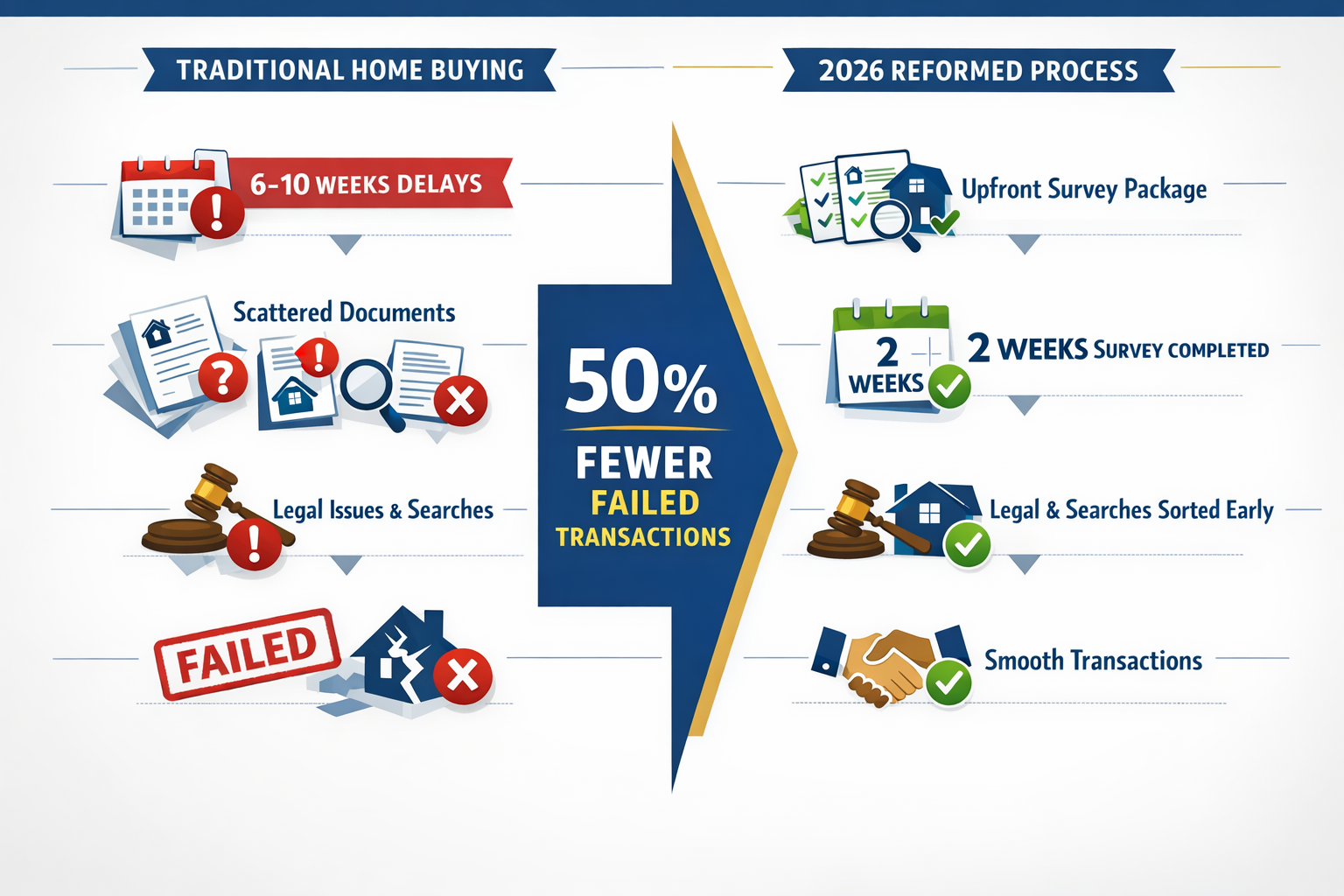 Landscape format (1536x1024) infographic illustration showing timeline comparison of traditional home buying process versus 2026 reformed pr