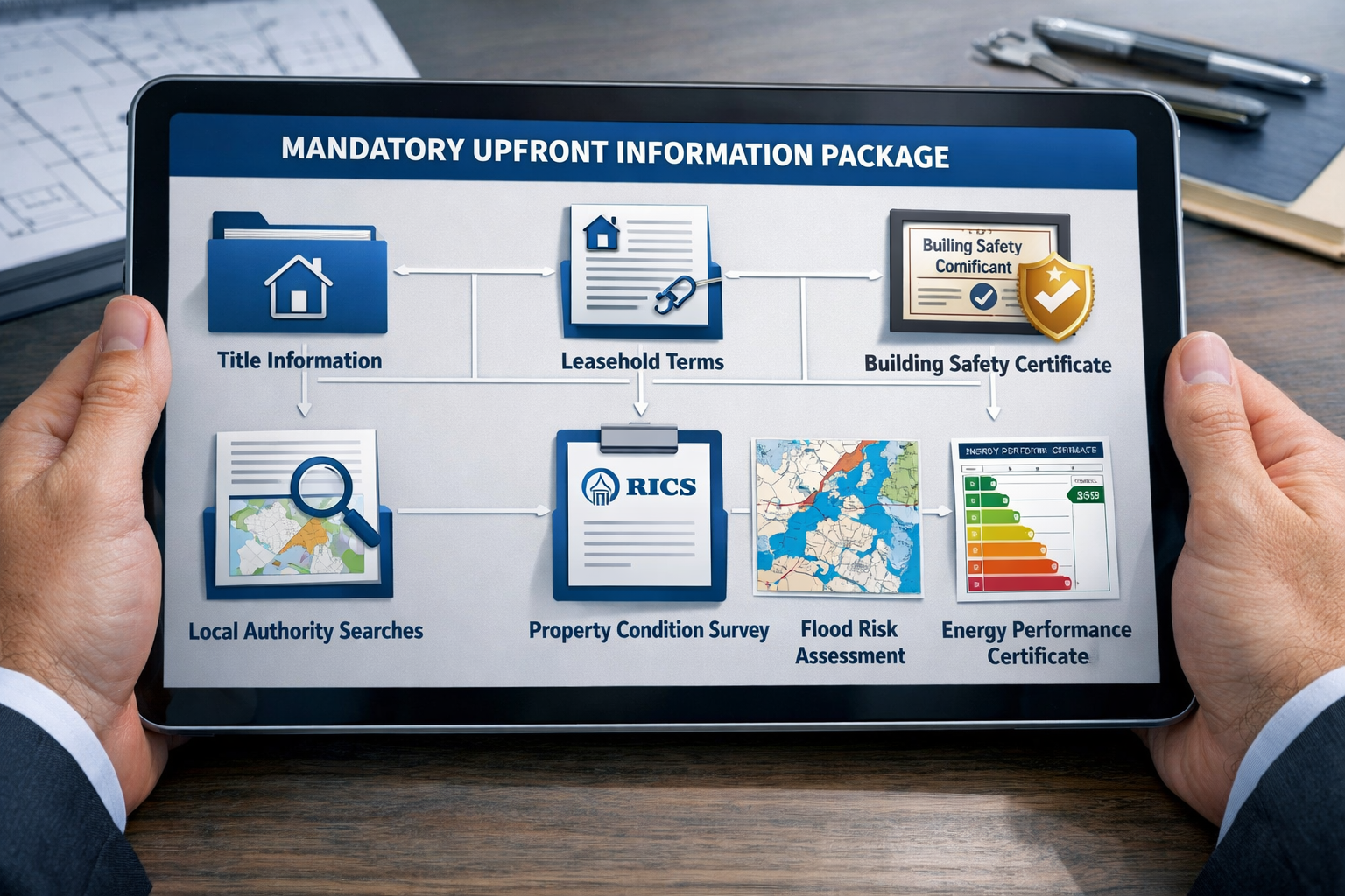 Landscape format (1536x1024) detailed visualization of mandatory upfront information package components laid out as organized digital folder