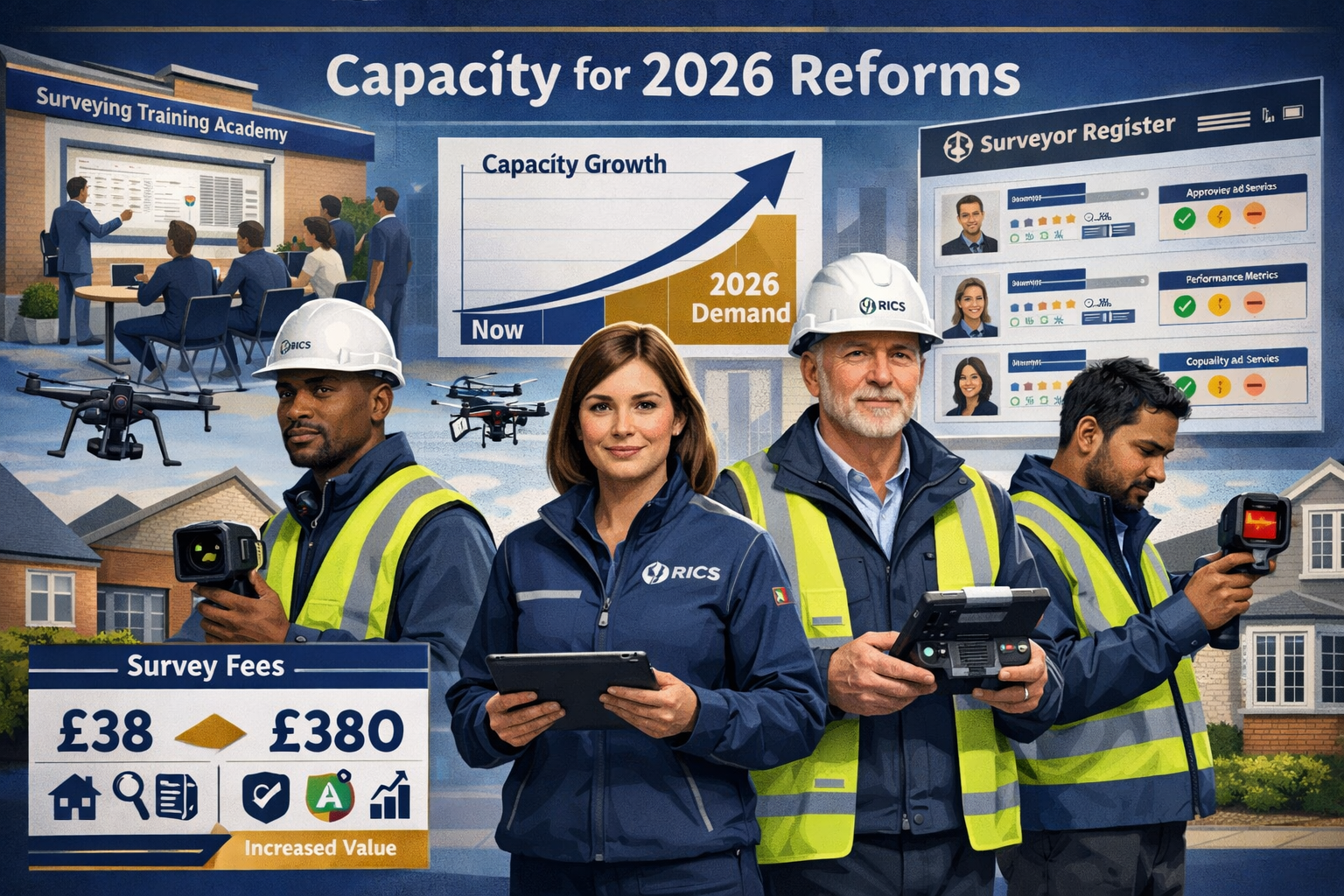 Landscape format (1536x1024) professional concept illustration showing surveyor capacity and industry preparation for 2026 reforms. Center f