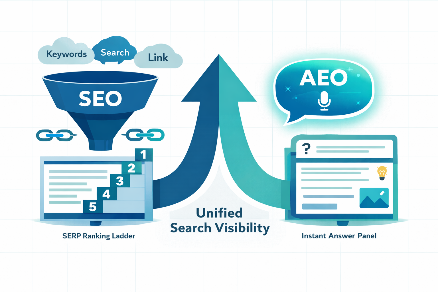 Landscape format (1536x1024) conceptual illustration showing two diverging search paths: on the left, a classic funnel labeled 'SEO' with keyword clouds, backlink chains, and a SERP ranking ladder; on the right, a glowing AI chat bubble labeled 'AEO' with a microphone icon and instant answer panel. Both paths merge into a single upward arrow representing unified search visibility. Clean flat-design infographic style, teal and navy color palette, white background with subtle grid lines, professional editorial quality.