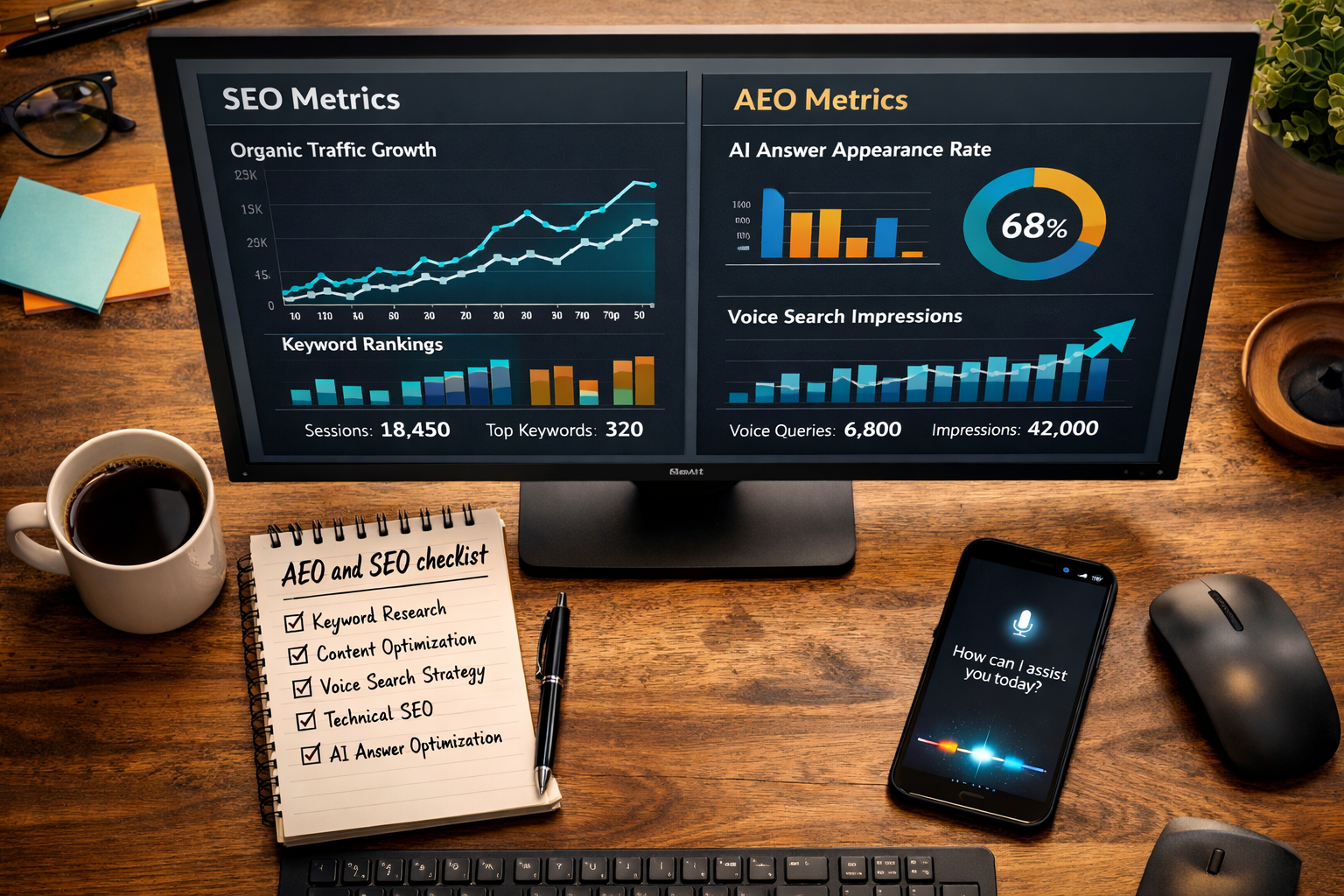 Landscape format (1536x1024) overhead shot of a marketer's desk with a large monitor displaying a split analytics dashboard: left panel shows organic traffic growth chart labeled 'SEO Metrics' with session counts and keyword rankings; right panel shows AI answer appearance rate and voice search impressions labeled 'AEO Metrics'. Physical notepad with handwritten 'AEO and SEO checklist' beside a coffee mug and smartphone showing a voice assistant response. Warm office lighting, realistic photographic style, teal and amber accent colors, editorial quality, 1536x1024 landscape format. 