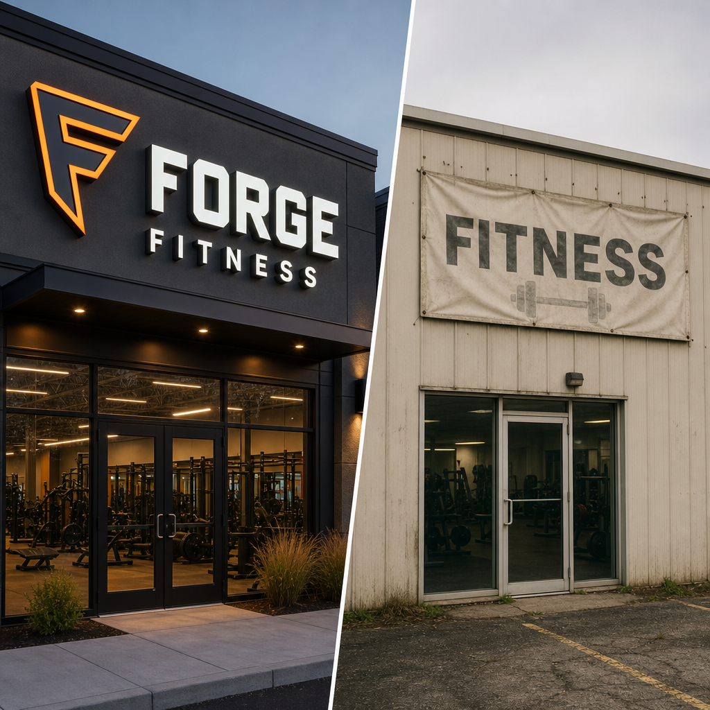 Side-by-side conceptual comparison of gym signage: a clean, professional channel letter sign on one side and a faded, generic banner-style sign on the other, showing the contrast in perceived quality