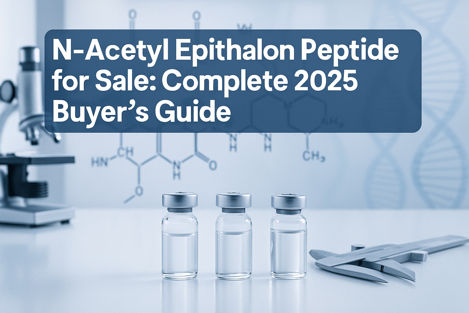Professional landscape hero image (1536x1024) featuring bold text overlay 'N-Acetyl Epithalon Peptide for Sale: Complete 2025 Buyer's Guide'