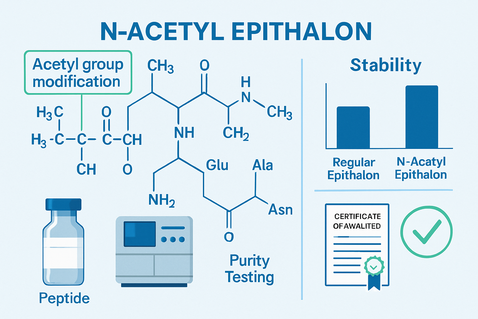 Detailed scientific illustration (1536x1024) showing N-Acetyl Epithalon molecular structure with labeled chemical bonds and amino acid seque
