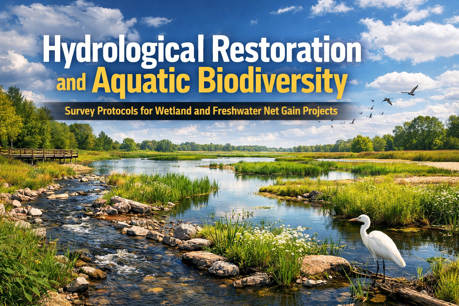 Professional landscape hero image () with : "Hydrological Restoration and Aquatic Biodiversity: Survey Protocols for Wetland