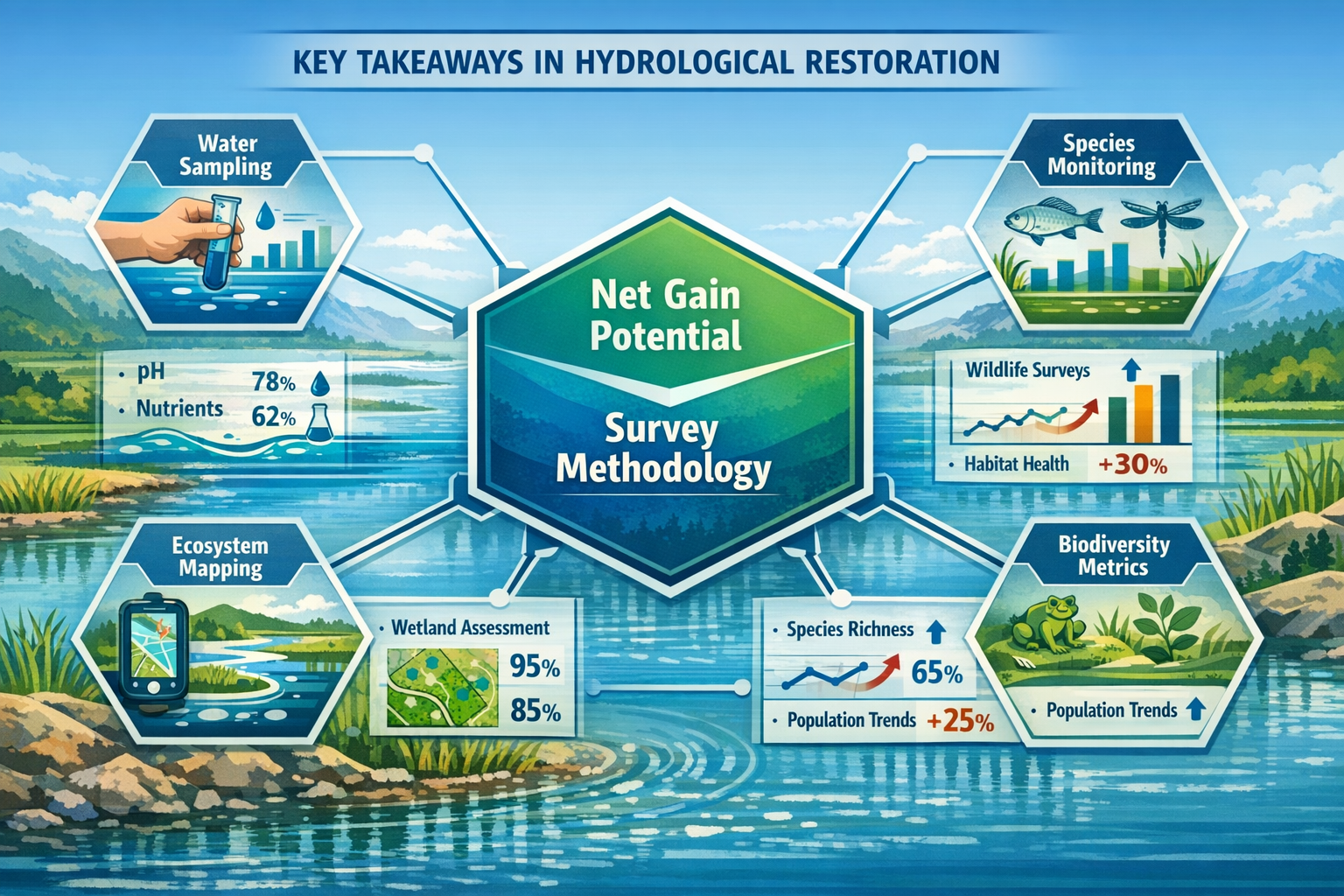 Landscape editorial infographic visualizing 'Key Takeaways' in hydrological restoration, featuring a dynamic hexagonal