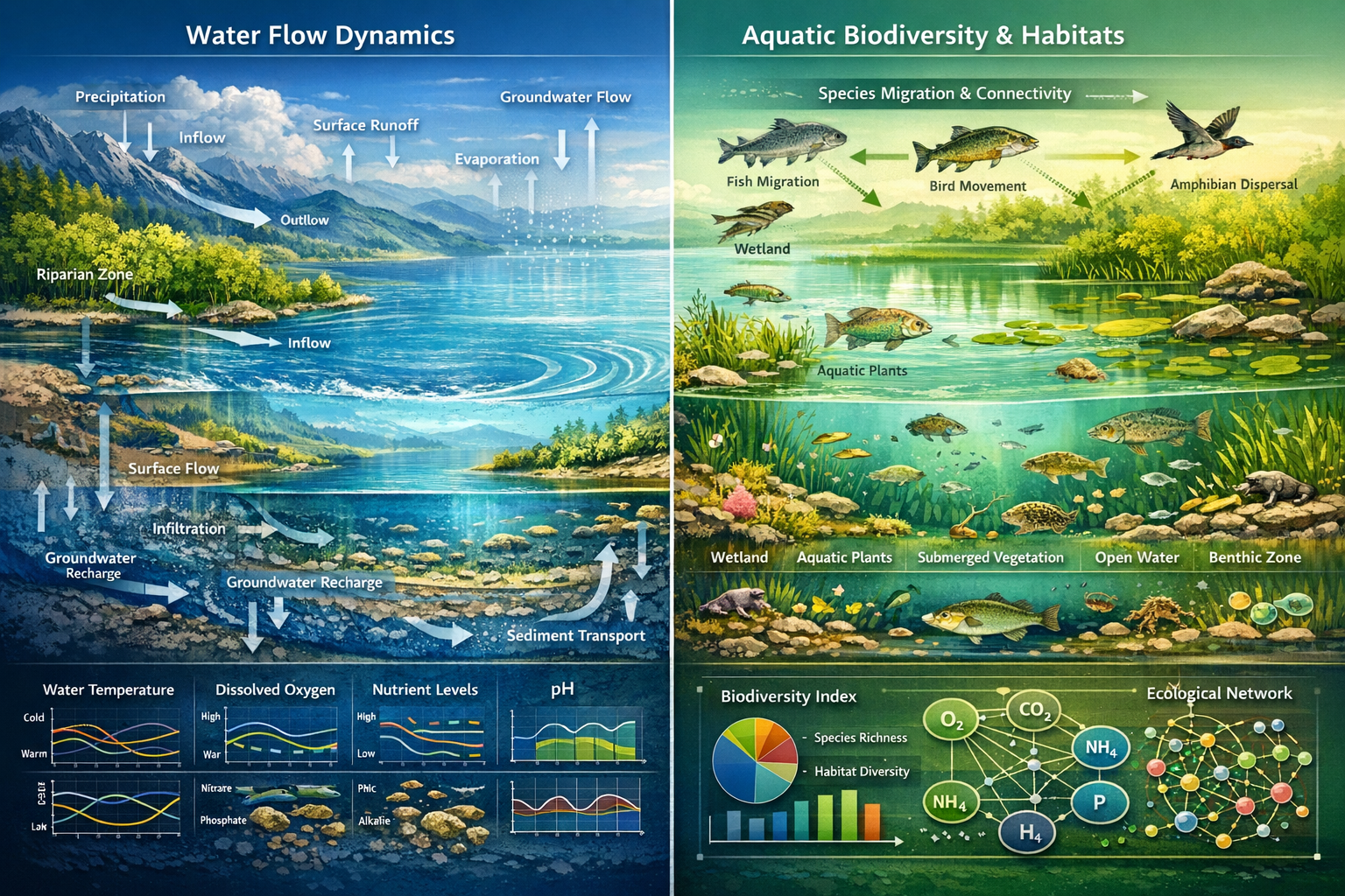 Comprehensive landscape visualization exploring water regime interactions with aquatic biodiversity, featuring a