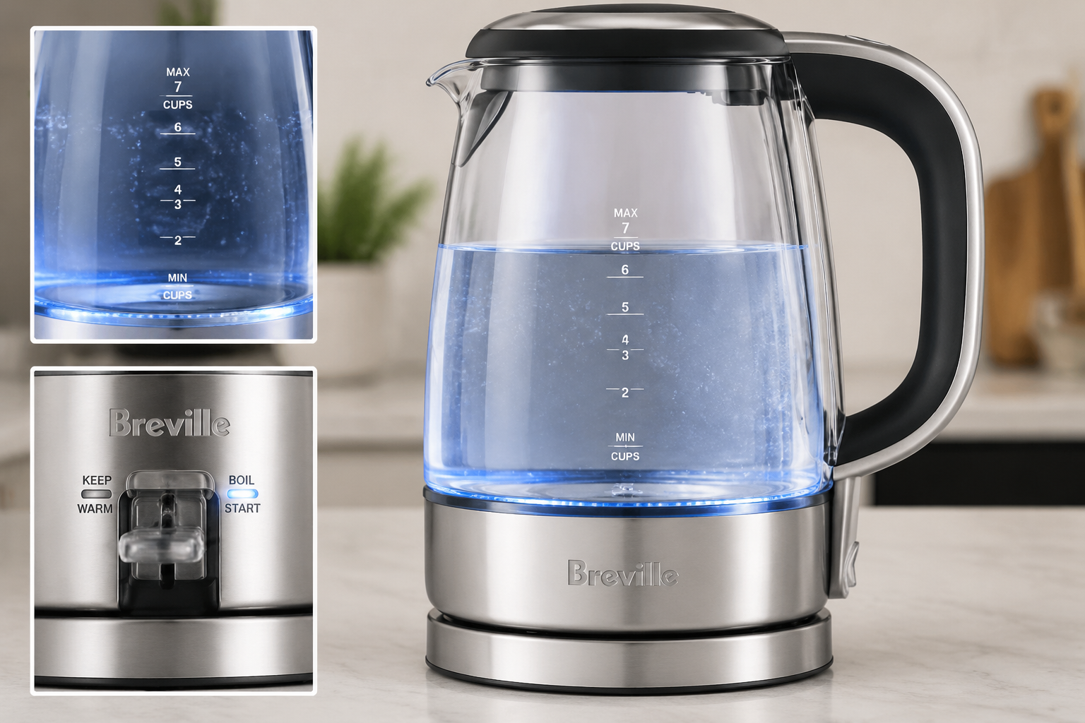 Detailed showcase of Breville Crystal Clear Kettle BKE595XL highlighting its main dashboard/interface and glass body with illuminated water level indicator 