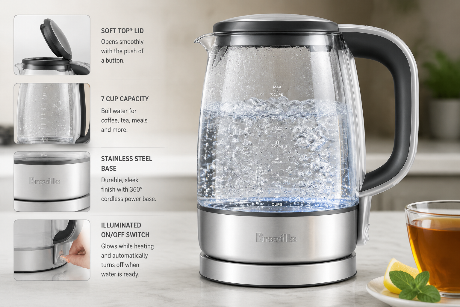 detailed showcase of Breville Crystal Clear Kettle highlighting key features in action including the stainless steel base, lid mechanism, and boiling water visible through glass