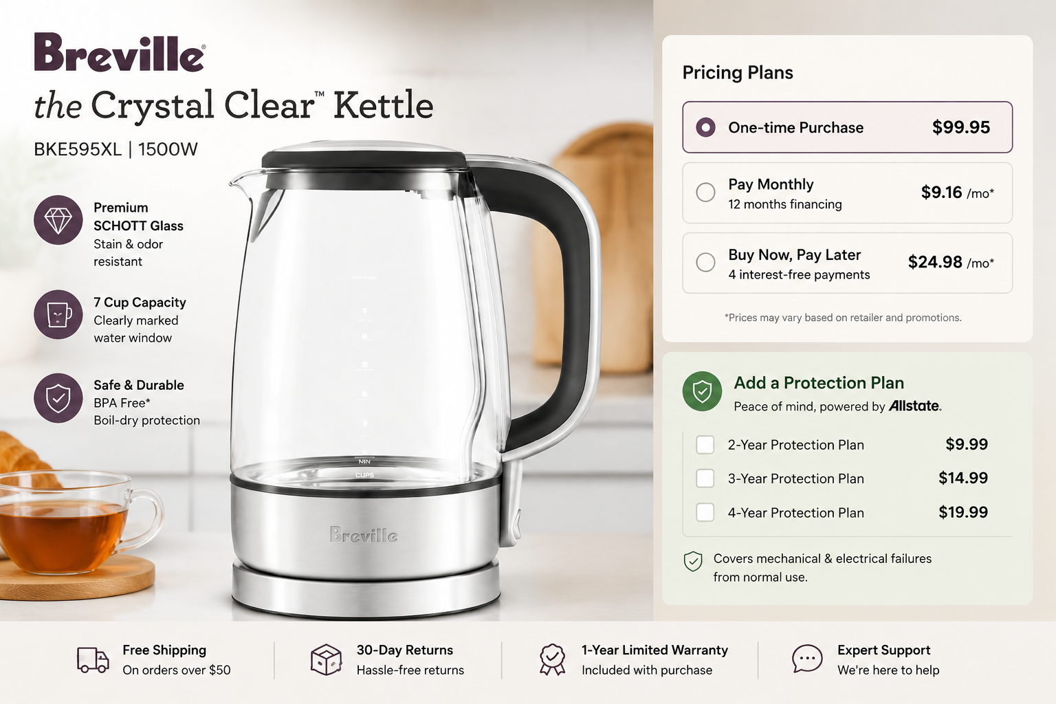 detailed showcase of Breville BKE595XL Crystal Clear Electric Kettle highlighting pricing plans and protection plan options displayed alongside the product 