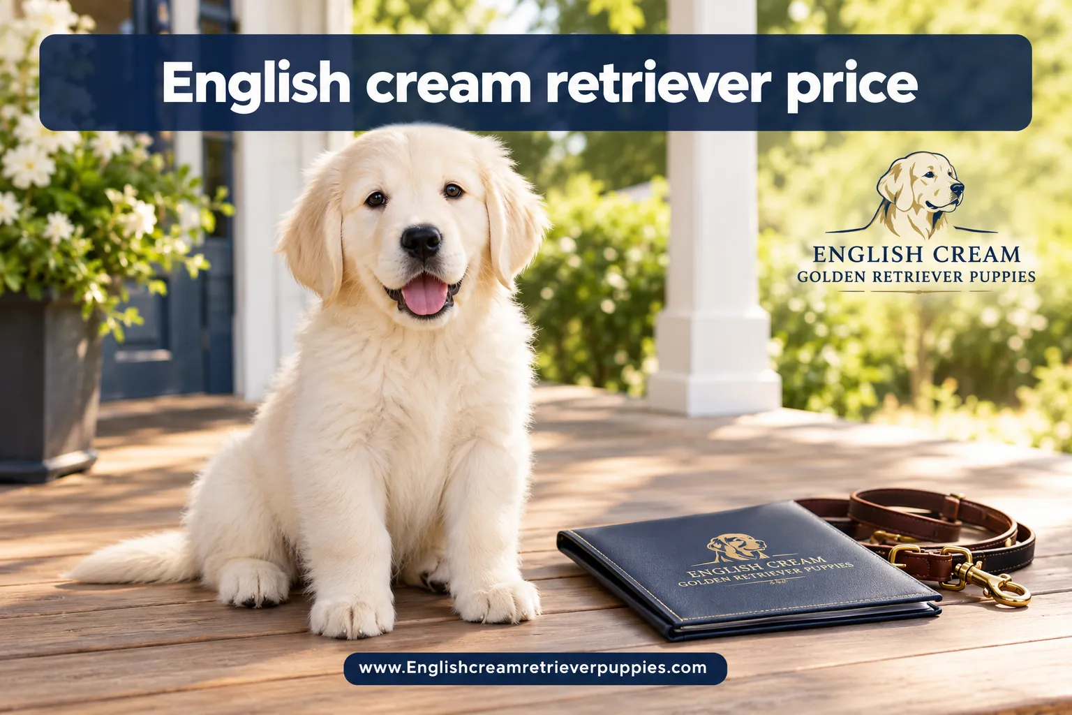 Professional () magazine-cover hero image with SHORT reading exactly 'English cream retriever price' in crisp white modern ,