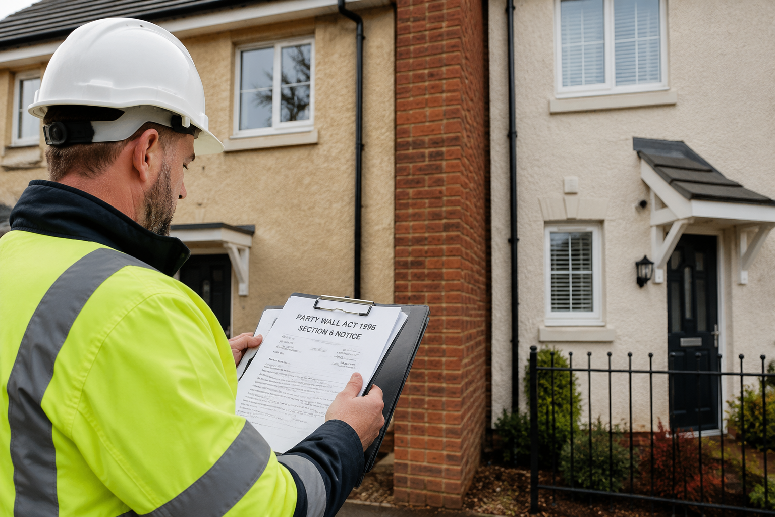 () editorial illustration showing a surveyor in a hard hat reviewing official Party Wall Act notice documents at a shared