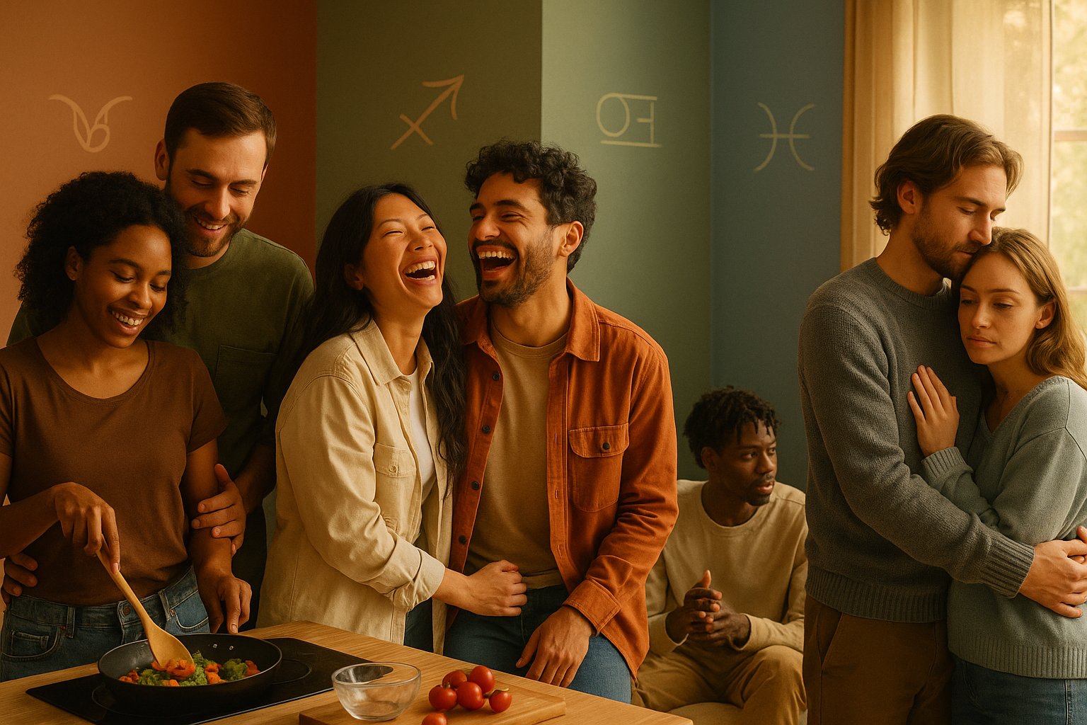 Welke Sterrenbeelden Passen Bij Elkaar: Jouw Gids Voor Astrologische Compatibiliteit in 2026 3 Warm intimate scene (1536x1024) showing diverse couples in various relationship moments: one couple cooking together representing earth sign
