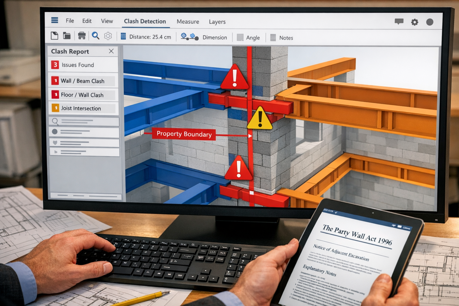 Detailed () image showing close-up view of computer screen displaying BIM software interface with 3D model of shared party