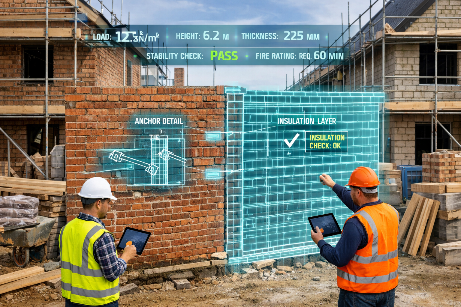 Wide-angle () image depicting construction site scene with two adjoining properties under development. Center focus on
