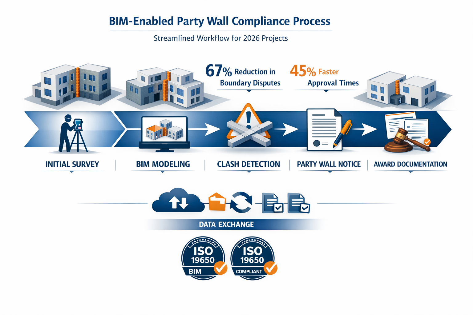Professional () infographic-style image showing workflow diagram for BIM-enabled party wall compliance process. Central