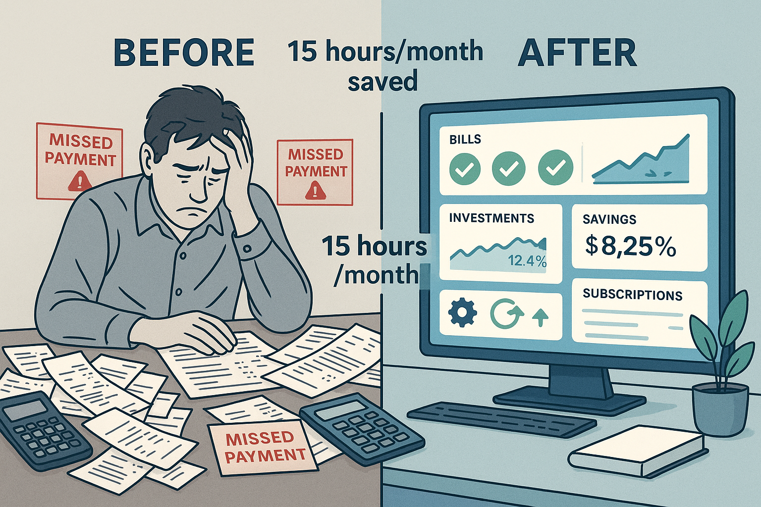 Detailed landscape data visualization (1536x1024) comparing traditional manual finance management versus automated finance systems. Split-sc