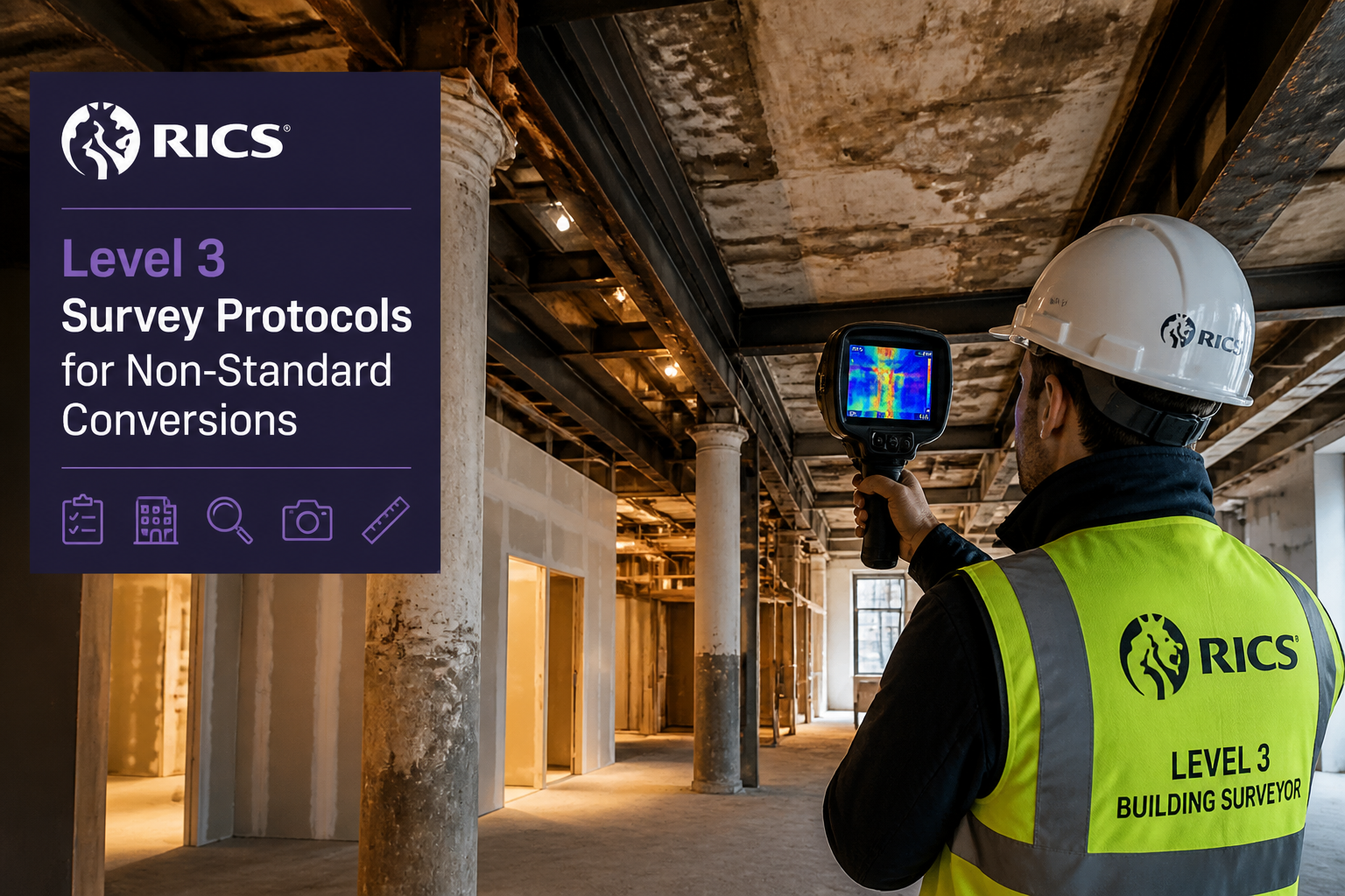 Wide-angle interior shot of a RICS Level 3 building surveyor in hard hat and hi-vis vest using a thermal imaging camera