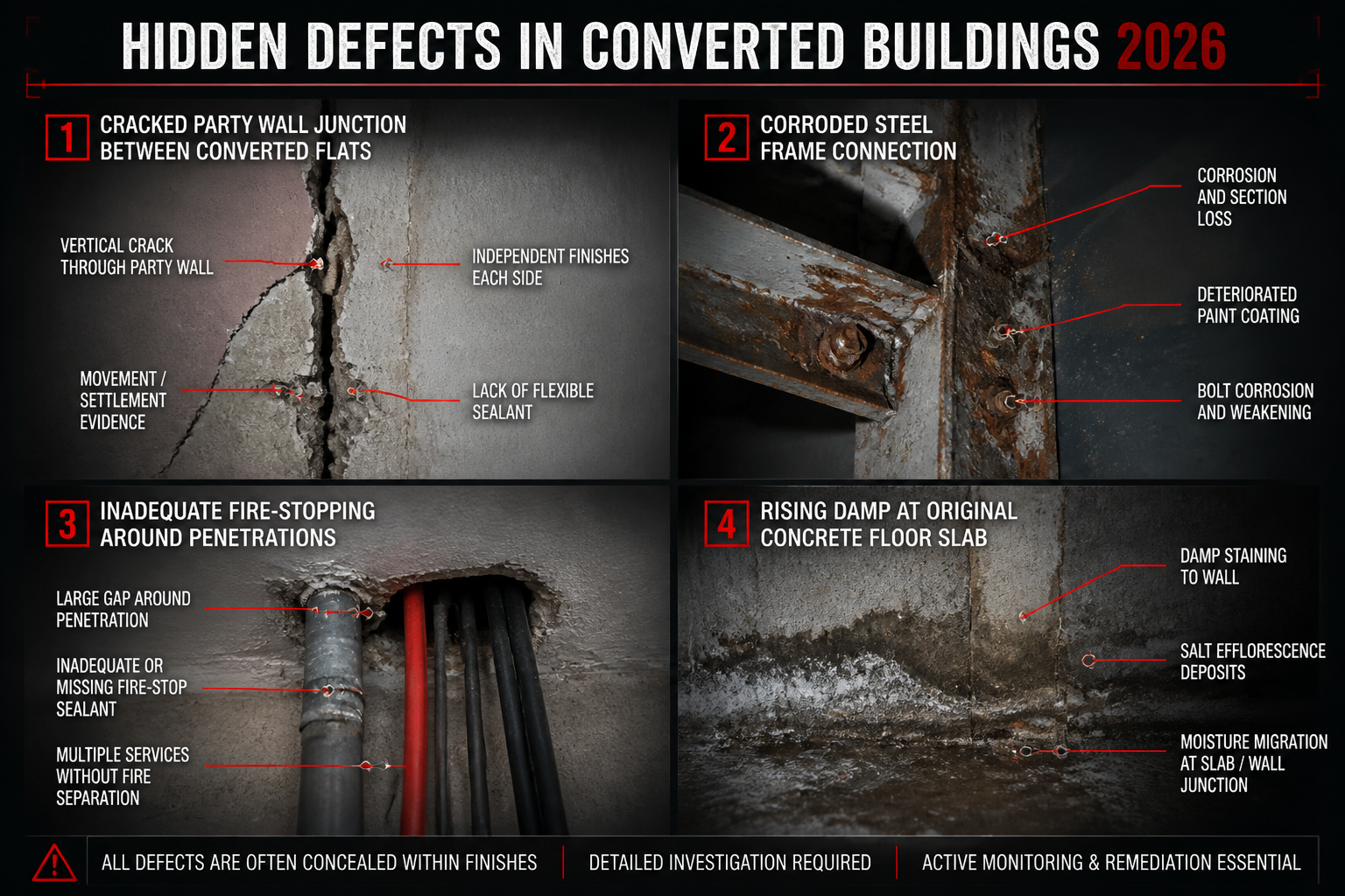 Close-up forensic detail composite image showing four hidden defect types in urban conversions: cracked party wall junction