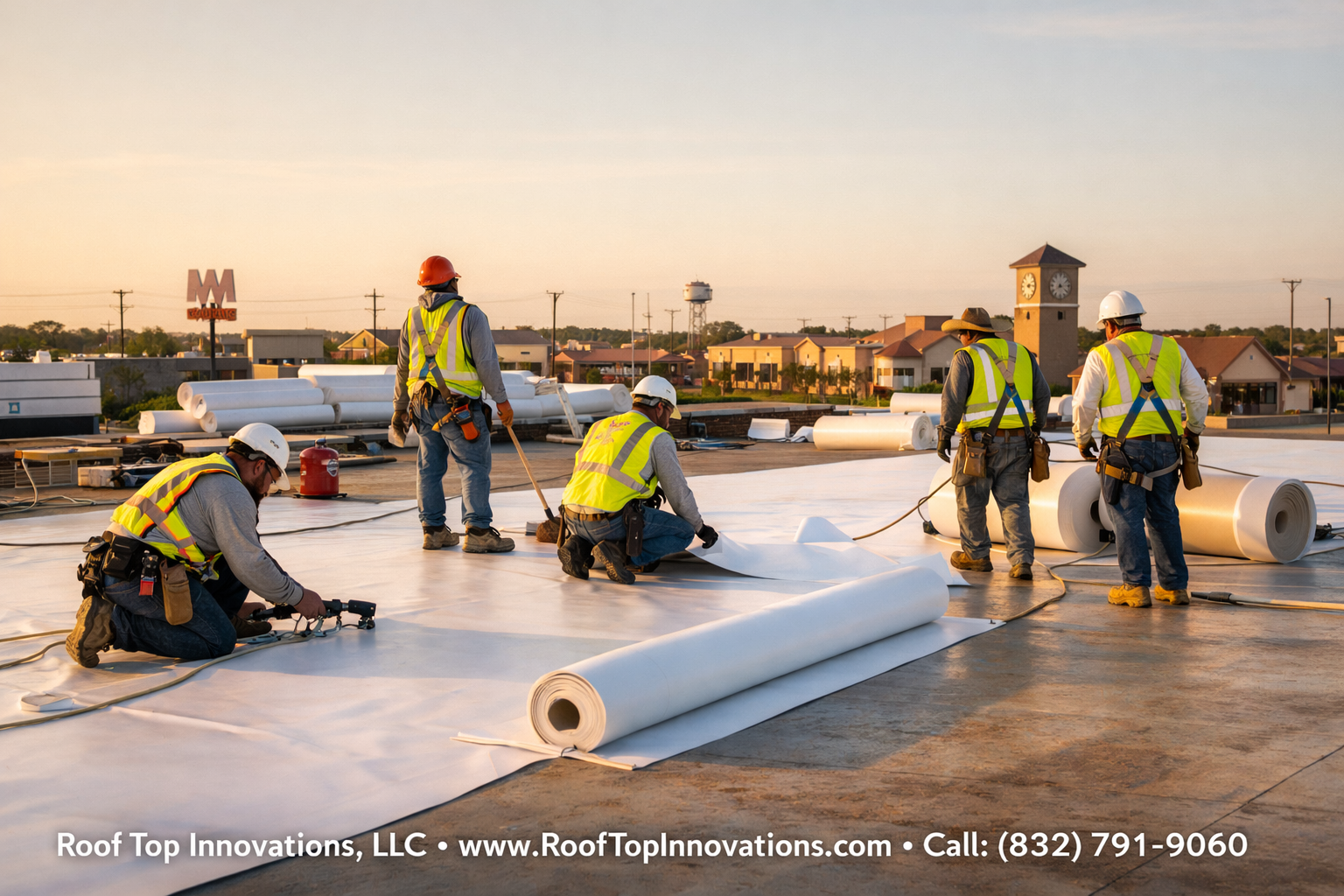 Detailed () image showing a professional commercial roofing crew in safety gear installing TPO membrane on a large flat