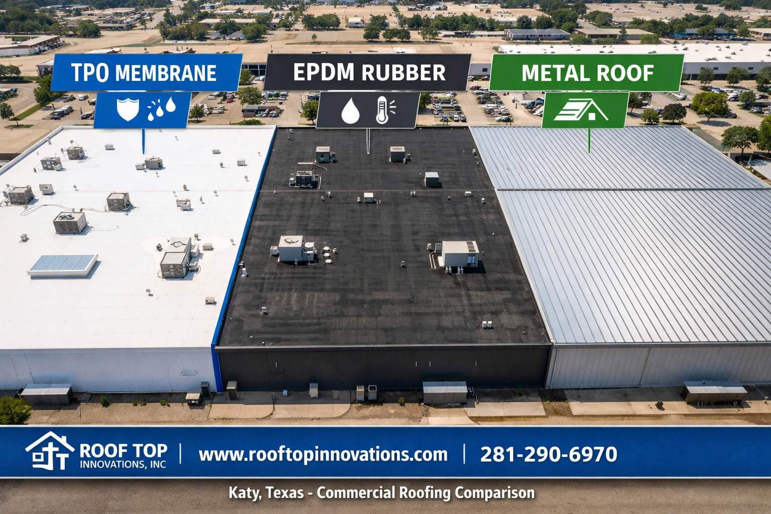 () close-up overhead drone shot of a commercial flat roof showing side-by-side comparison panels: TPO white membrane on