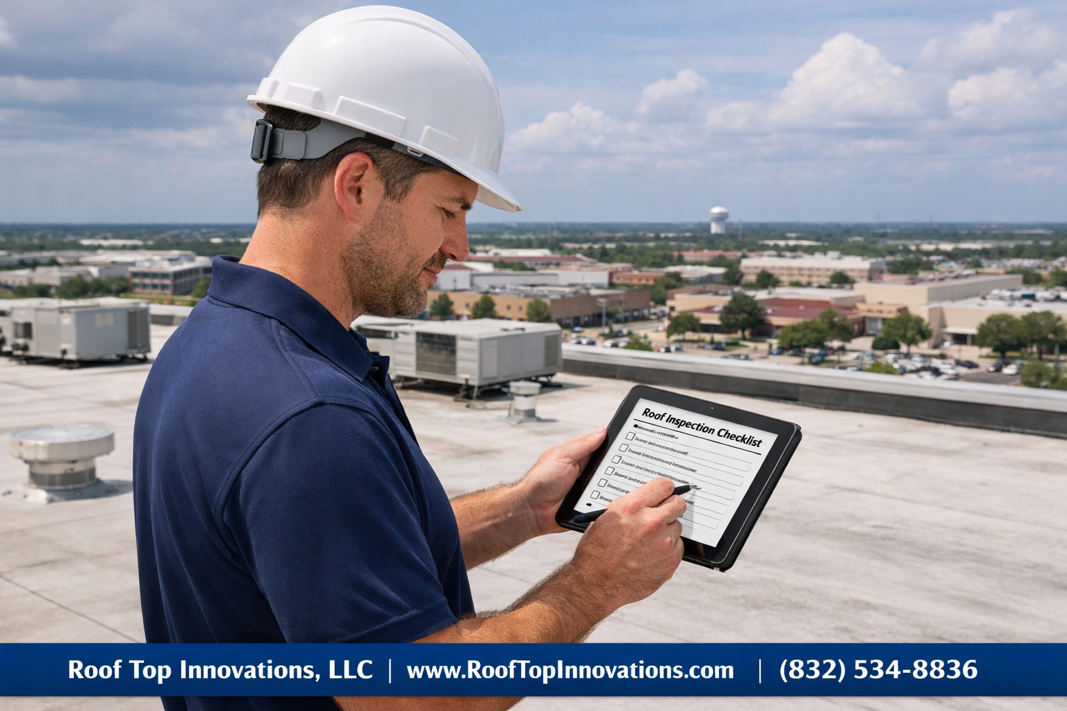 () image of a professional roofing contractor in a hard hat and polo shirt reviewing a commercial roof inspection checklist